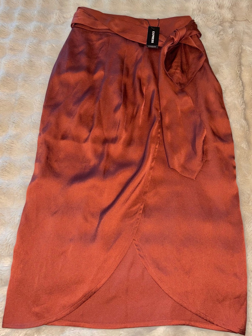 Express Satin Wrap Midi Skirt in Burnt Orange